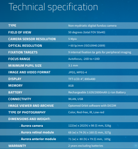 Optomed Aurora Technical Specifications
